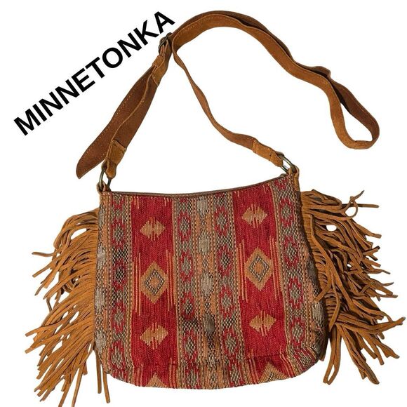 MINNETONKA Genuine Leather Cross Body Purse, Boho Aztec Embroidered, Side Fringe - Picture 1 of 13